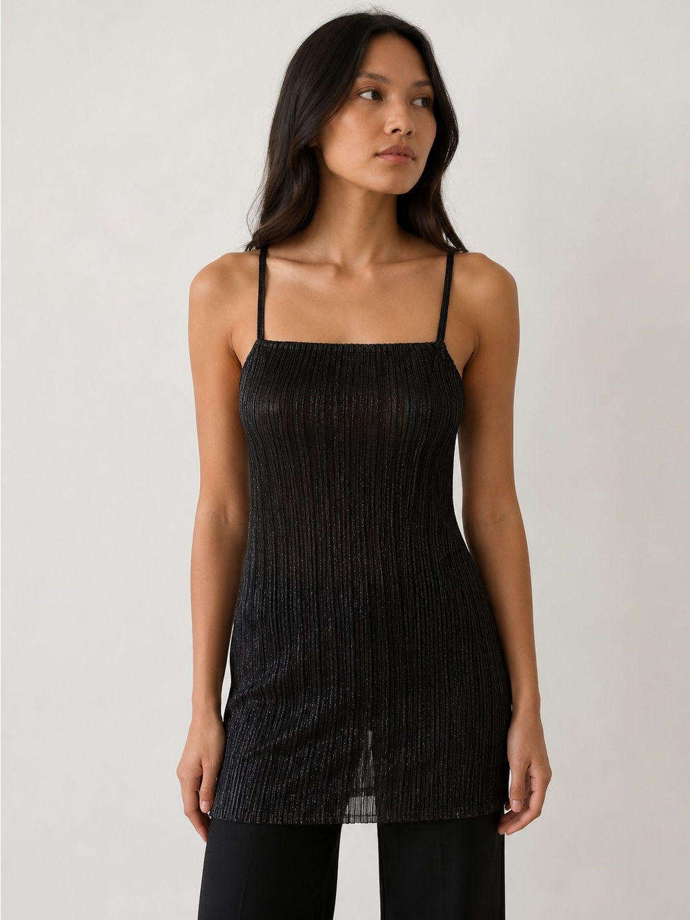 Lise Charmel France NWT Metallic Pleated Sheer Cami Tank Top M Black Luxury